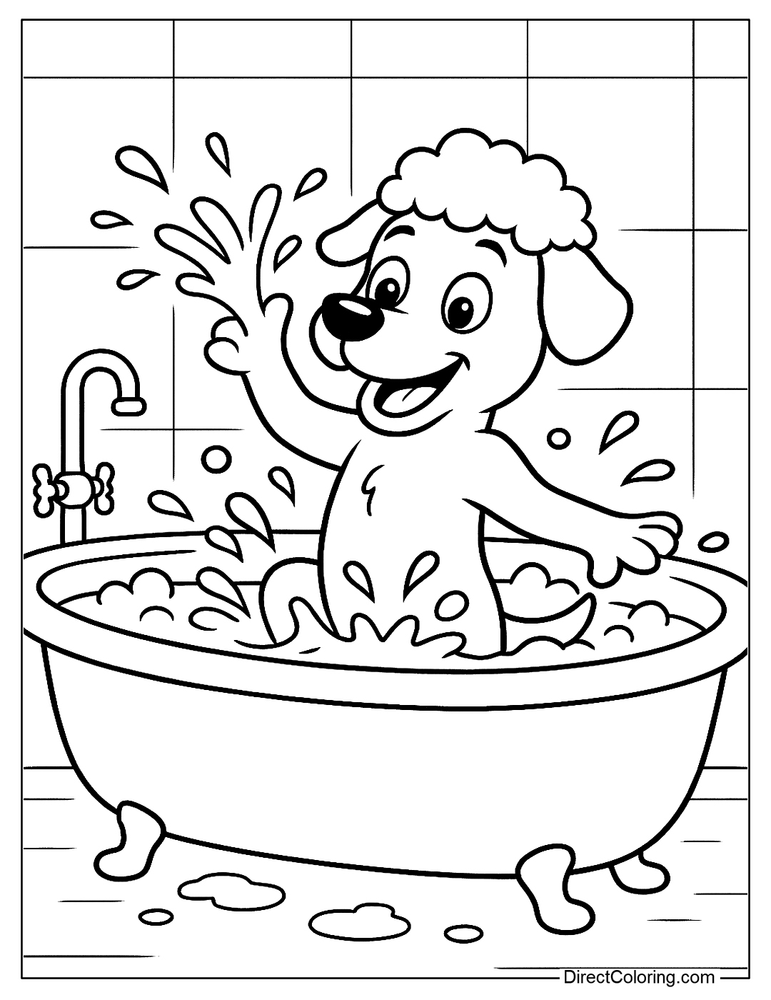 Dog Playing in the Bathtub Coloring Page